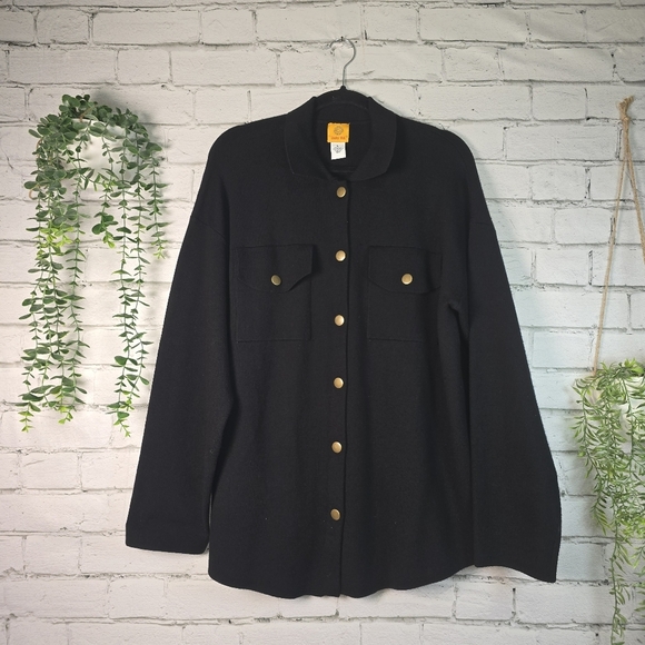 RUBY RD WOMENS BLACK KNIT SHACKET JACKET BUTTON UP POCKETS LARGE EUC - Picture 2 of 6